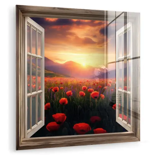 Doorkijk - Klaprozen - Bloemen - Rood - Open raam plexiglas 5mm klein -zzzproduct_nieuw
