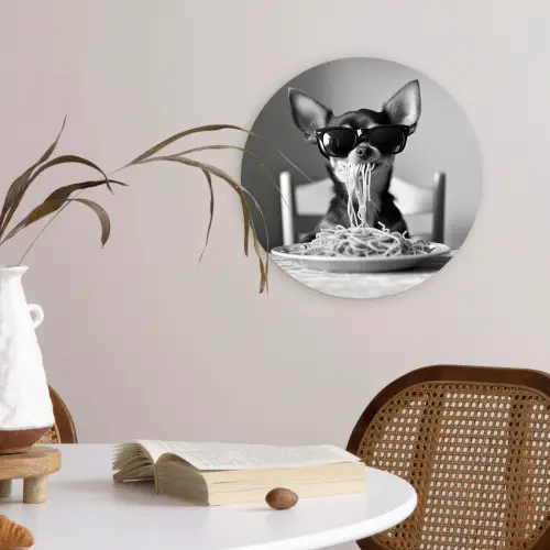 Chihuahua - Hond - Zonnebril - Humoristisch - Zwart - Wit - Spaghetti Wandcirkel plexiglas klein -sfeer4