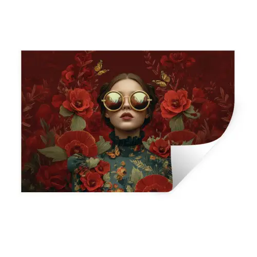 Bloemen - Dieprood - Zonnebril - Vrouw Muursticker klein -3d