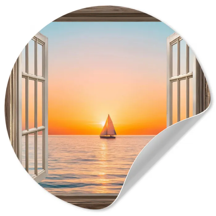 Doorkijk - Zee - Boot - Zonsondergang Wandcirkel behangsticker klein -3d