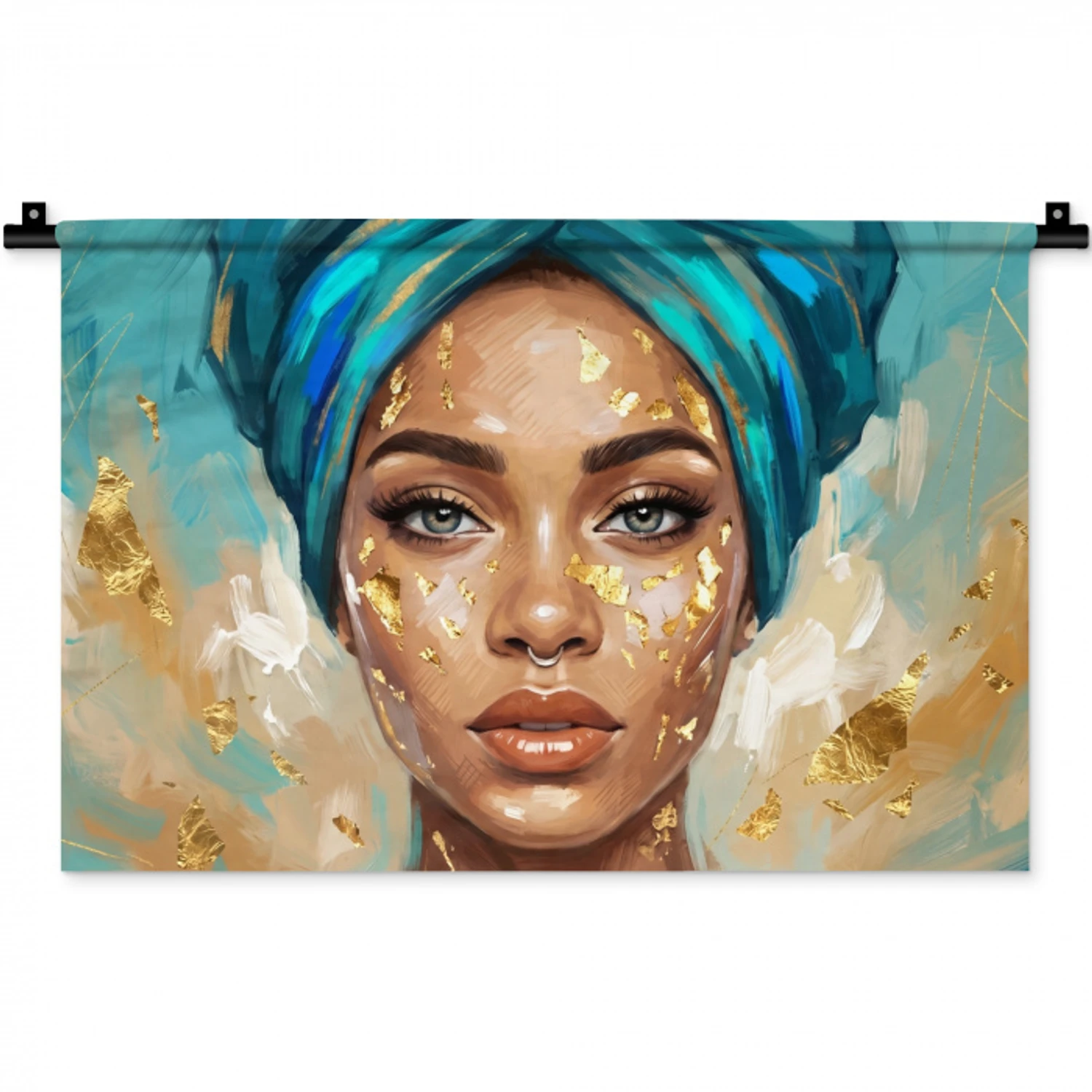 Portret - Vrouw - Schilderij - Blauw - Goud - Expressief Wandkleed katoen klein -zz3d