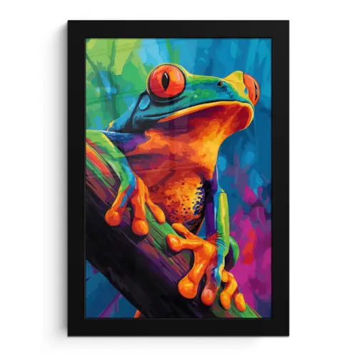 Kikker - Felgekleurd - Tak - Regenboog fotolijst zwart zonder passe partout klein -3d