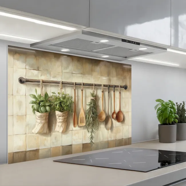 Spritzschutz Küche - Holz - Küchengeräte - Stilleben - Kacheln