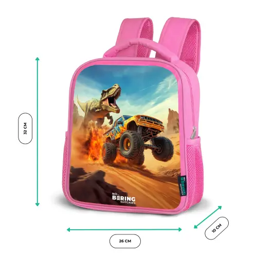 Vluchtende truck voor T-Rex in vurige woestijn Kinderrugzak - Roze middel -productfoto_formaten