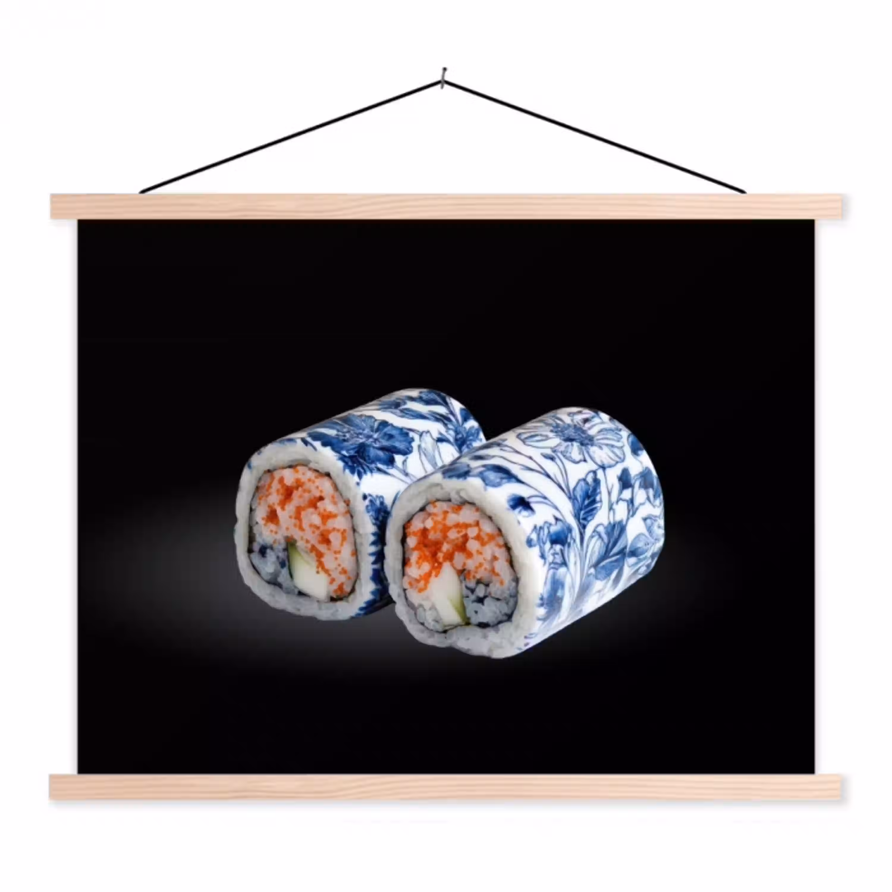Sushi - Delfts blauw - Rijst - Vis - Elegant textielposter latten blank klein -3d