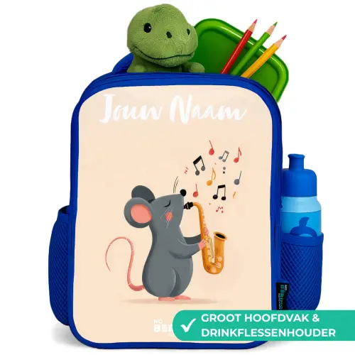Muis - Saxofoon - Muziek Kinderrugzak - Blauw middel -inhoud_NL