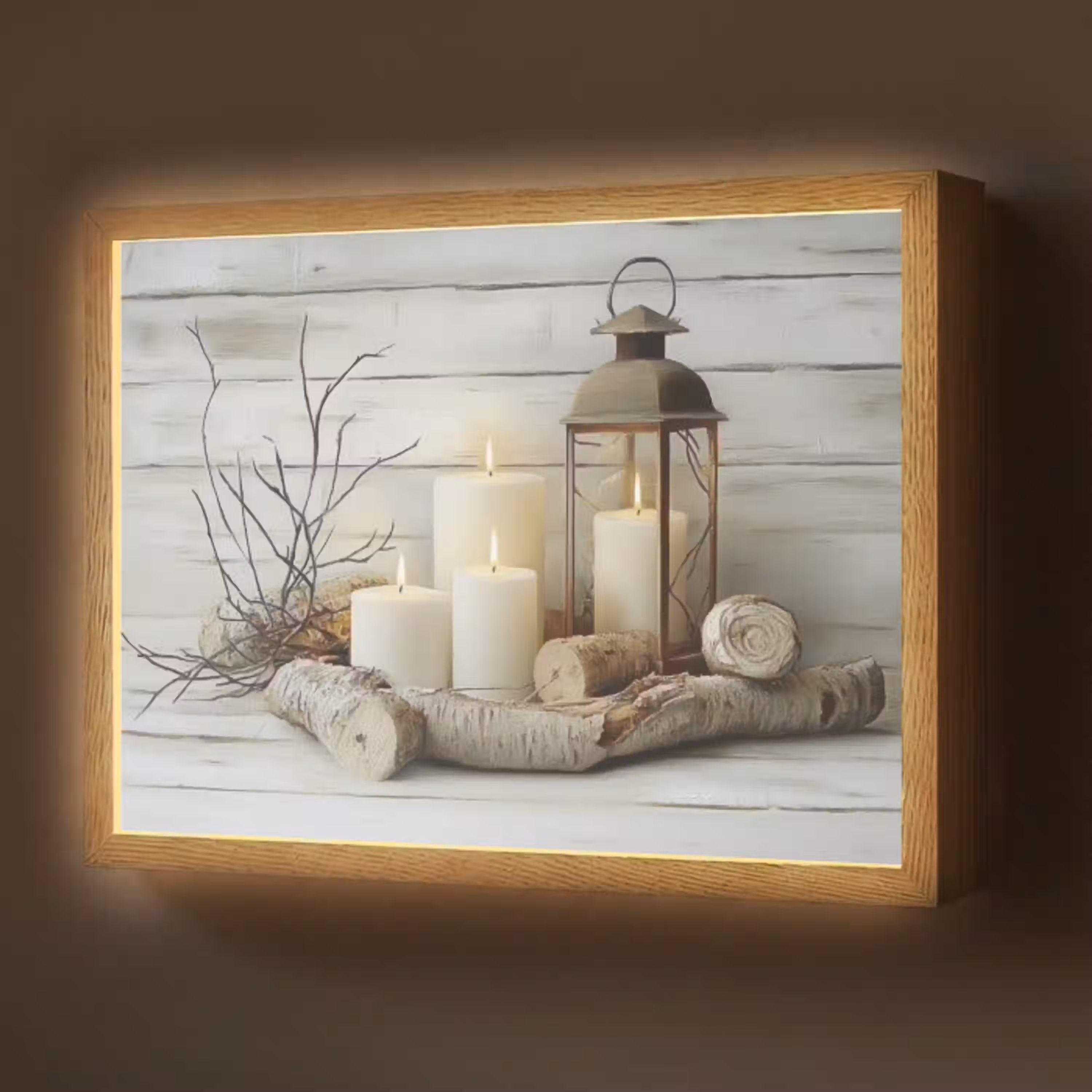 Stilleven - Wit - Kaarsen - Rustiek - Natuur Light Box met batterij (Wandlamp) middel -z3d_website
