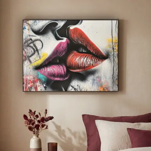 Street art - Lippen - Kus - Graffiti Textielframe zwart klein -sfeer1