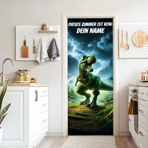 Grüner T-Rex im Gewitter mit Namensfeld. deurposter klein -sfeer5