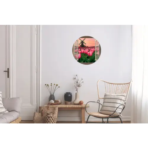 Doorkijk - Tulpen - Bloemen - Molen - Raam Wandcirkel aluminium klein -woonkamer