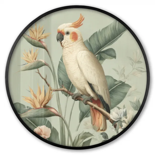 Ronde fotolijst - Gele kuifkaketoe - paradijsvogelbloemen - Groen