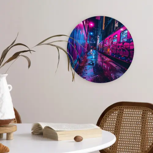 Stad - Neon -  Nacht - Roze - Graffiti Wandcirkel kunststof plaat 5mm dik klein -sfeer4