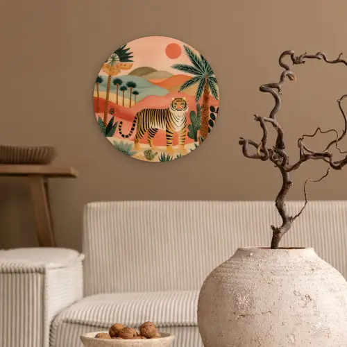 Tijger - Kleurrijk - Palmen - Cactus Wandcirkel kunststof plaat 5mm dik klein -sfeer1