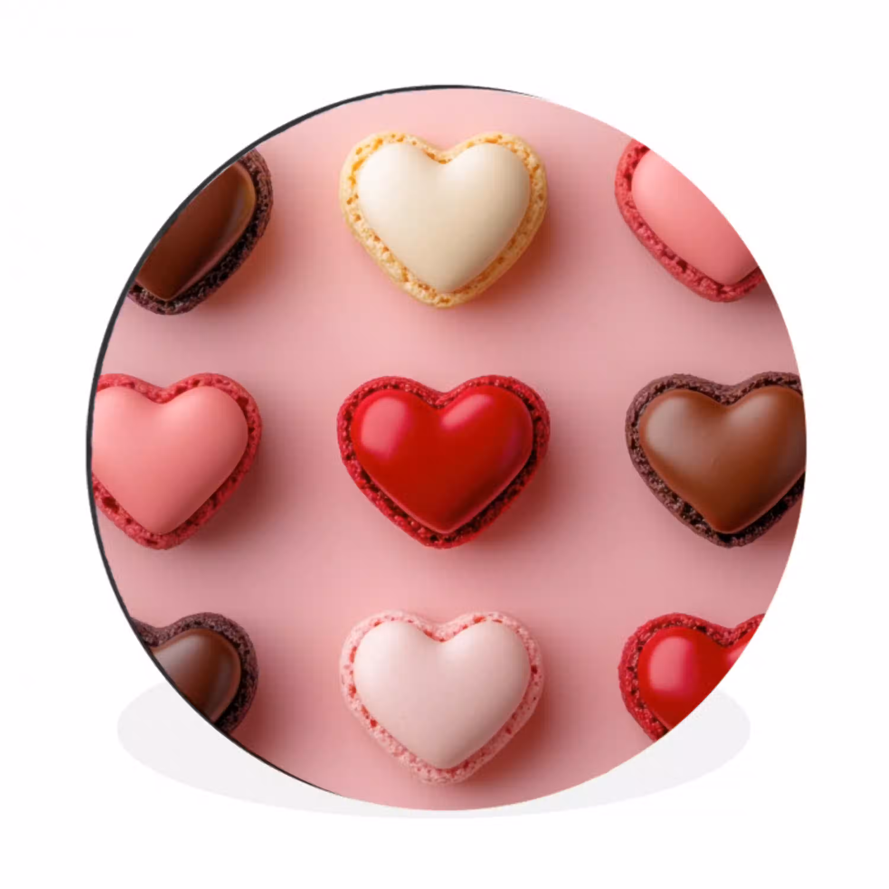 Macarons - Hartjes - Kleurrijk - Roze Wandcirkel aluminium klein -3d