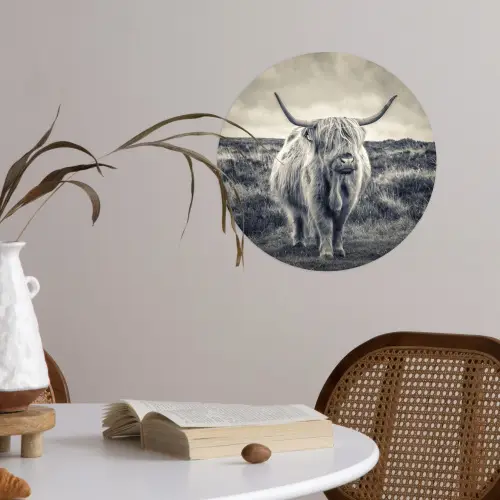 Schotse hooglander - Dieren - Wolken - Koe - Natuur Wandcirkel behangsticker klein -sfeer3
