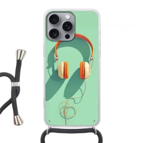 Koptelefoon - Oranje - Snoer - Minimalistisch Hoesje iPhone 16 Pro Max met koord klein -3d