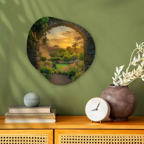 Poort - Planten - Zonsondergang Wandcirkel Organisch Forex 3mm klein -sfeer2