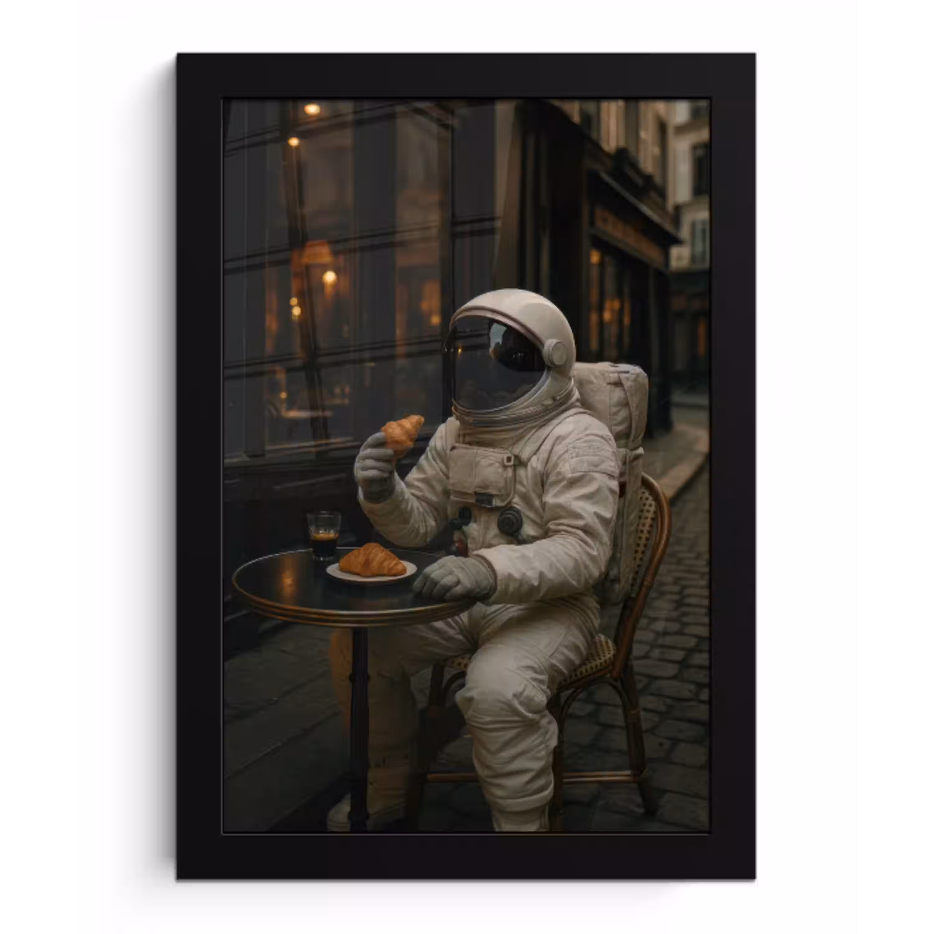 Café - Croissant - Koffie - Astronaut fotolijst zwart zonder passe partout klein -3d
