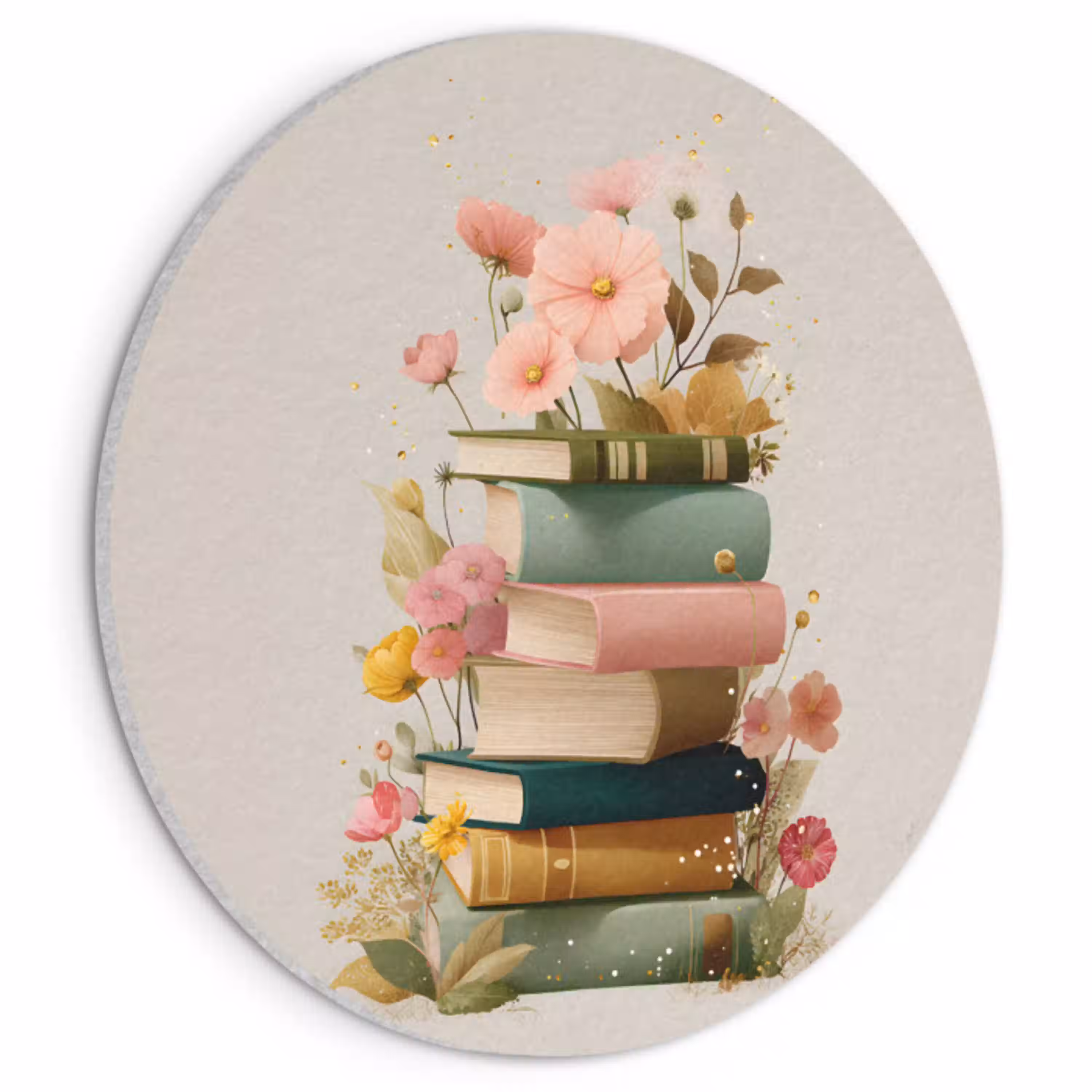 Boeken - Stapel - Bloemen - Kleurrijk Akoestische PET Vilt - Rond klein -3d