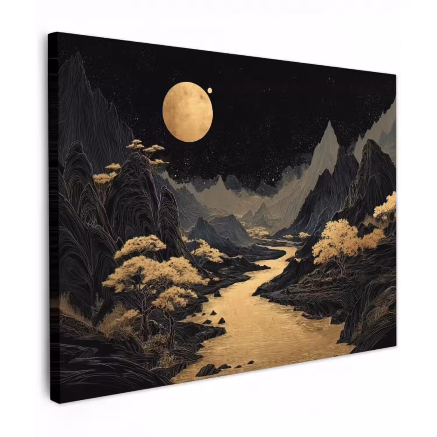 Leinwandbild - Goldener Fluss - Berge - Mond - Sternenhimmel