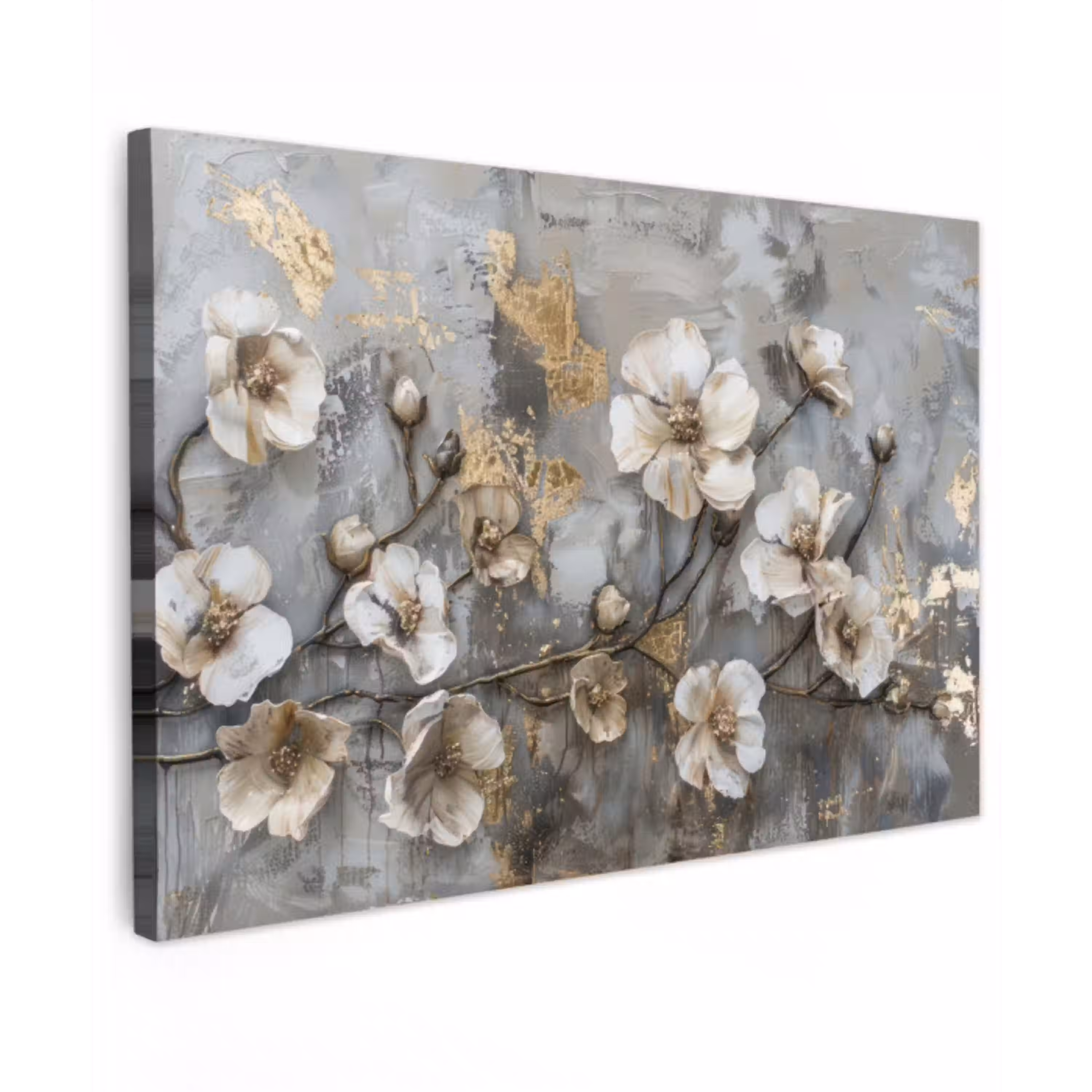 Bloemen - Wit - Grijs - Goud - Luxe canvas 2cm klein -z3d
