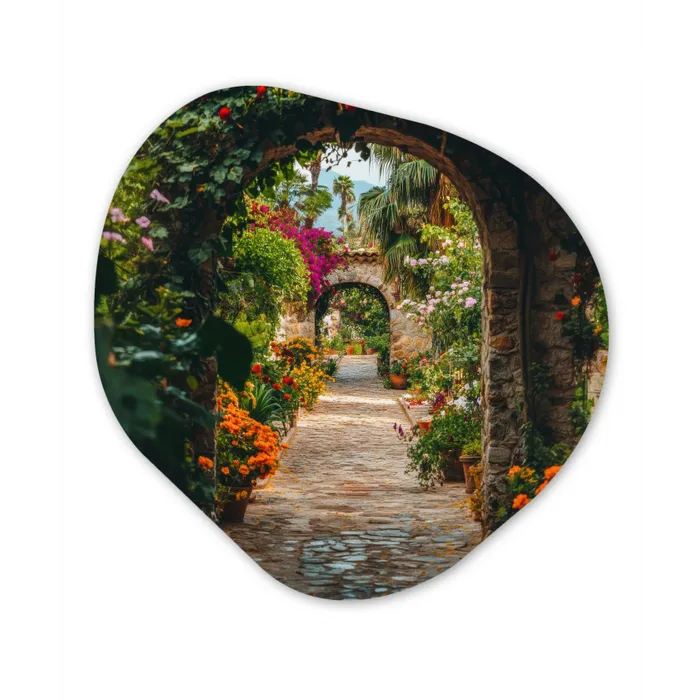 Doorkijk - Bloemen - Poort - Stenen Wandcirkel Organisch Plexiglas middel -3d