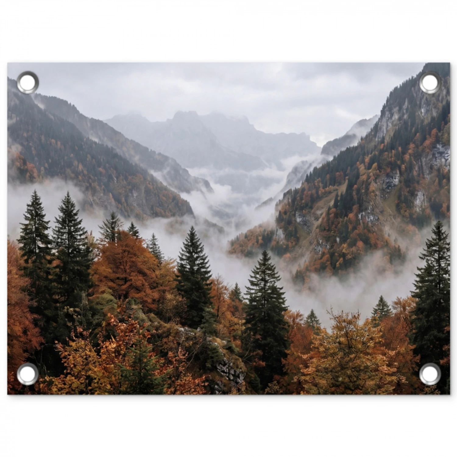 Bergen - Vallei - Mist - Herfst - Natuur tuinposter los doek klein -3d