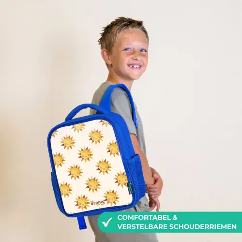Lachende zonnetjes als patroon op beige achtergrond Kinderrugzak - Blauw middel -sfeer3_NL