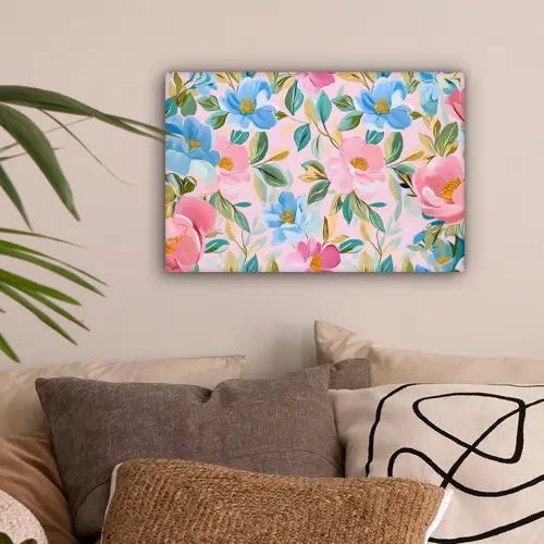 Blauw - Roze - Bloemen canvas 2cm klein -sfeer1
