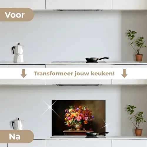 Kleuren - Boeket - Vaas - Hout keuken achterwand spatscherm klein -voor_na_NL