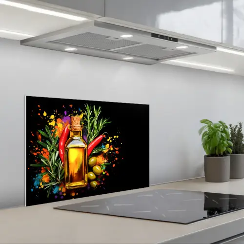 Olijfolie - Graffiti - Peper - Olijven - Modern keuken achterwand spatscherm klein -3d_schuin