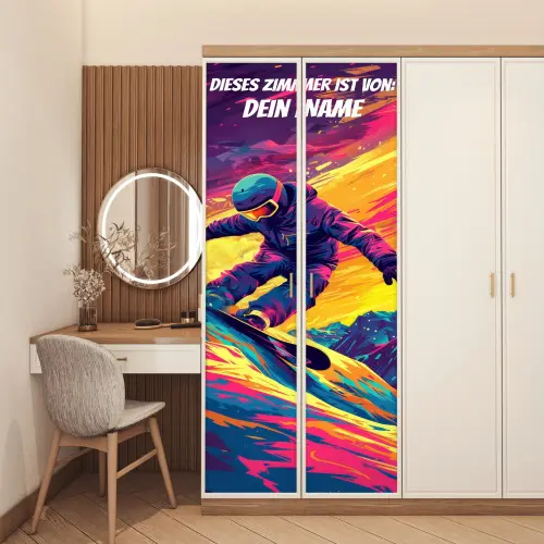 Snowboarder im Neon-Style auf bunter Piste mit personalisierbarem Namensfeld. deurposter klein -sfeer3