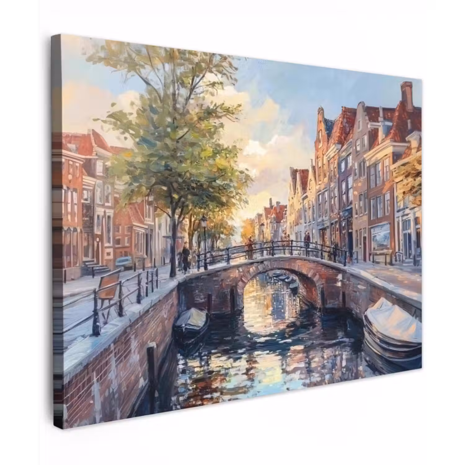Canvas schilderij - Brug - Stad - Huizen - Boot