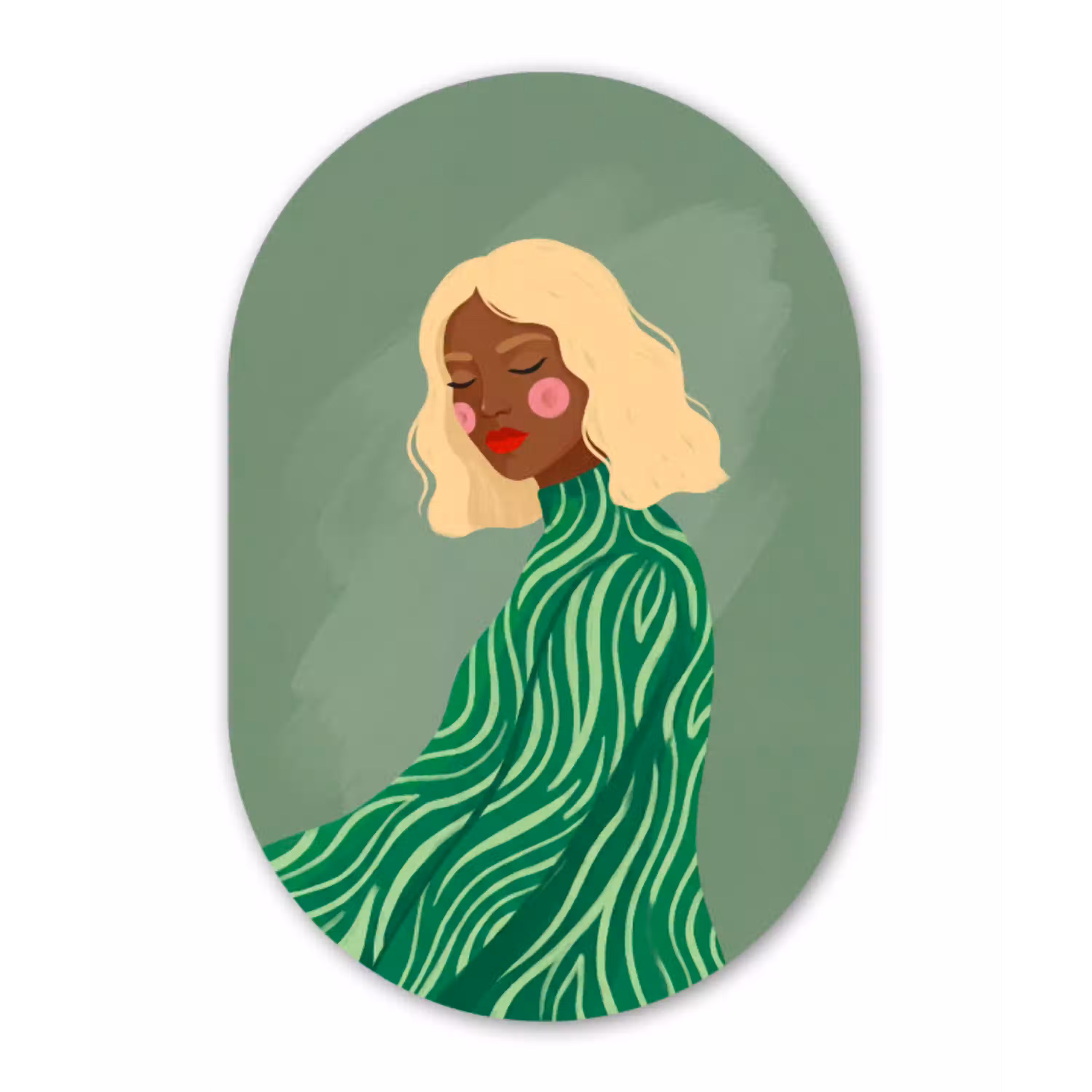 Vrouw - Portret - Illustratie - Modern - Groen Wandcirkel Ovaal Aluminium middel -3d