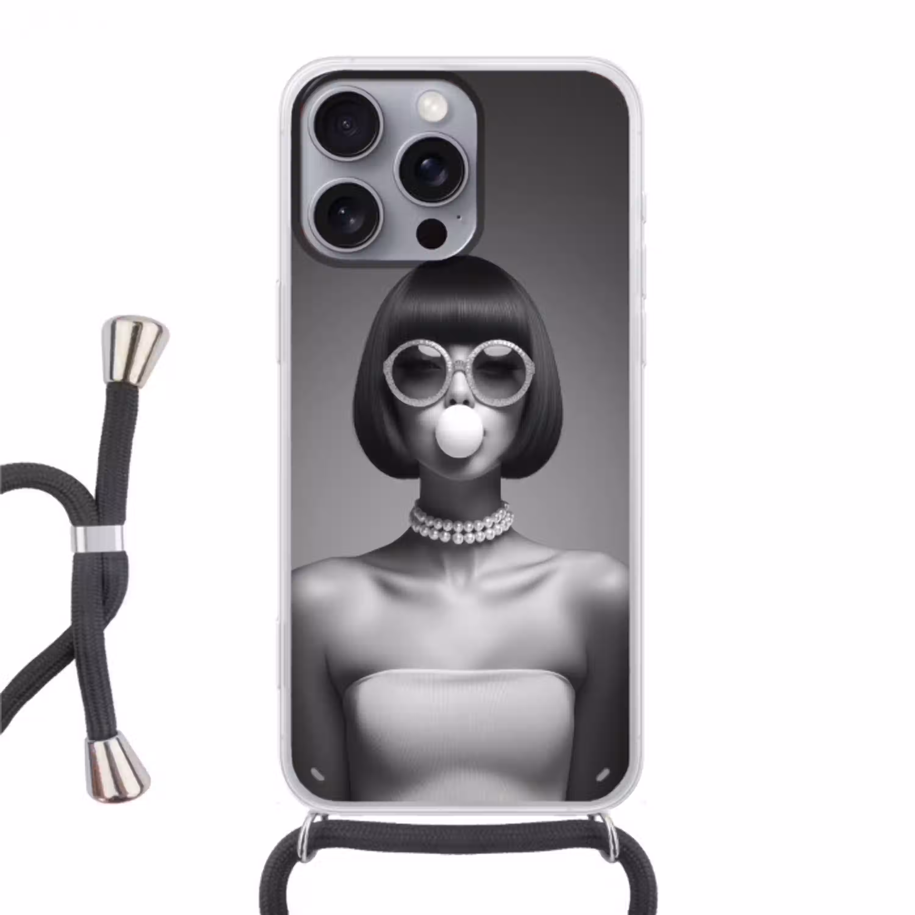 Vrouw - Zwart Wit - Ketting - Zonnebril Hoesje iPhone 16 Pro Max met koord klein -3d