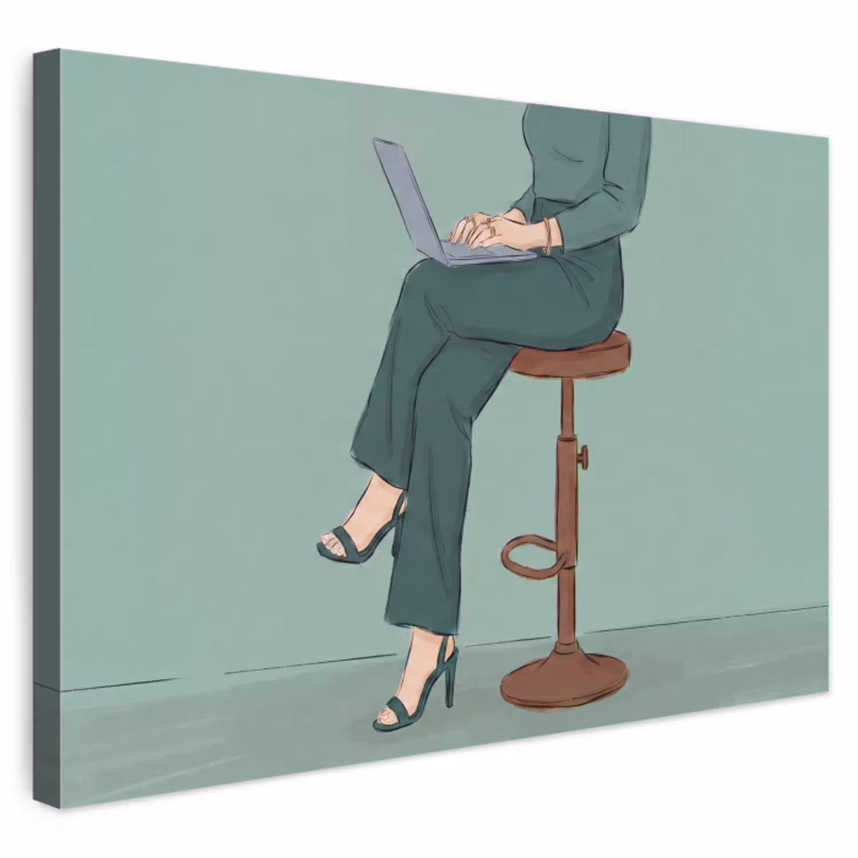 Vrouw - Laptop - Zittend - Illustratie - Groen Tuinposter op houten frame 2 cm dik klein -3d