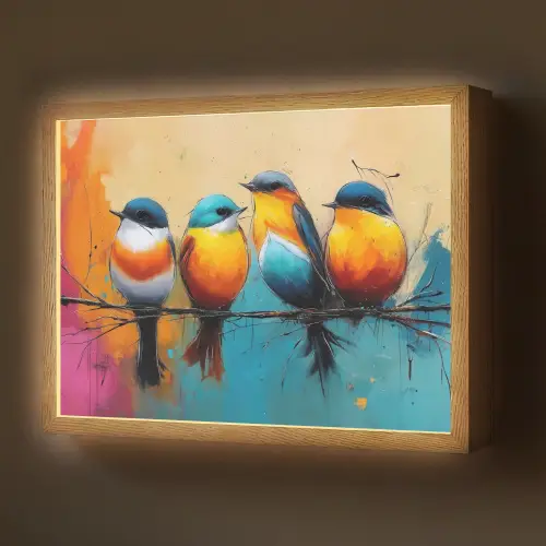Vogels - Kleurrijk - Tak - Abstract Light Box met batterij (Wandlamp) middel -z3d_website