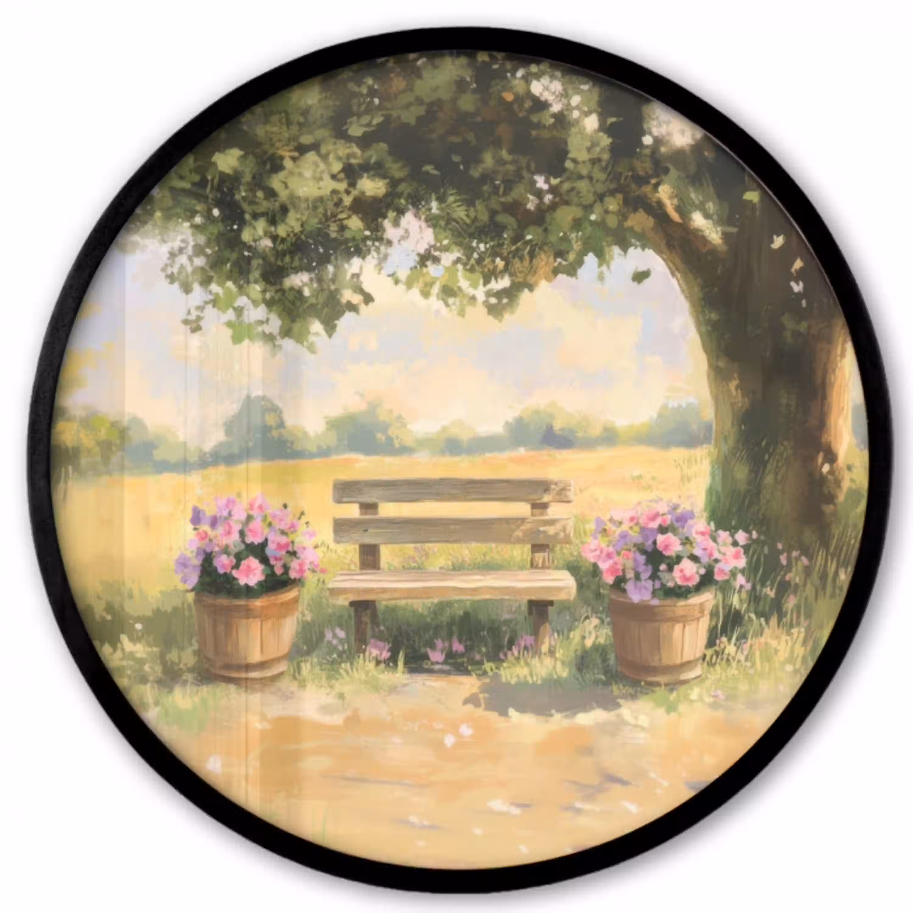Houten bankje - Bloempotten - Landschap Fotolijst rond zonder passe partout klein -3d