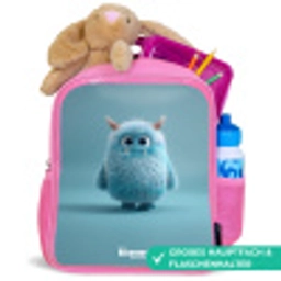 Blauw pluizig monster met hoorns Kinderrugzak - Roze middel -inhoud_DE