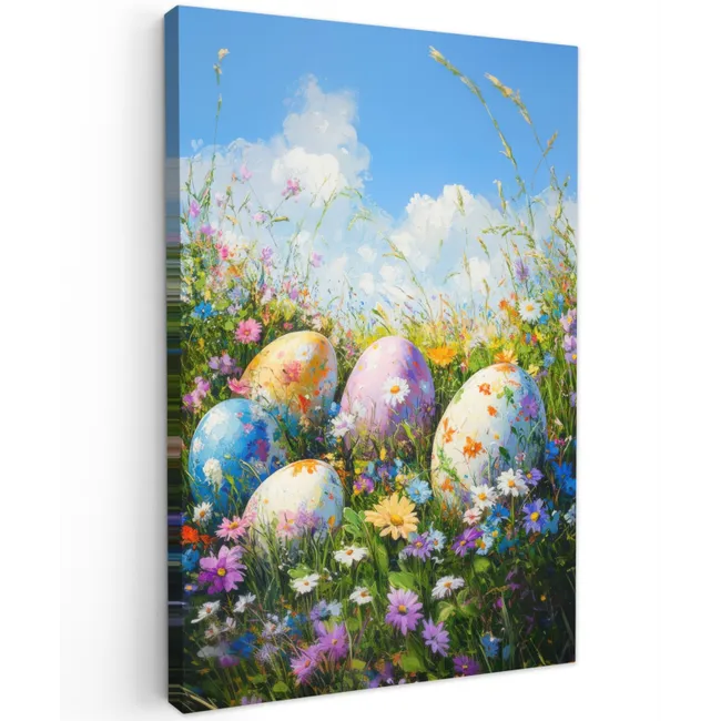 Grasveld - Eieren - Bloemen Tuinposter op houten frame 2 cm dik klein -3d