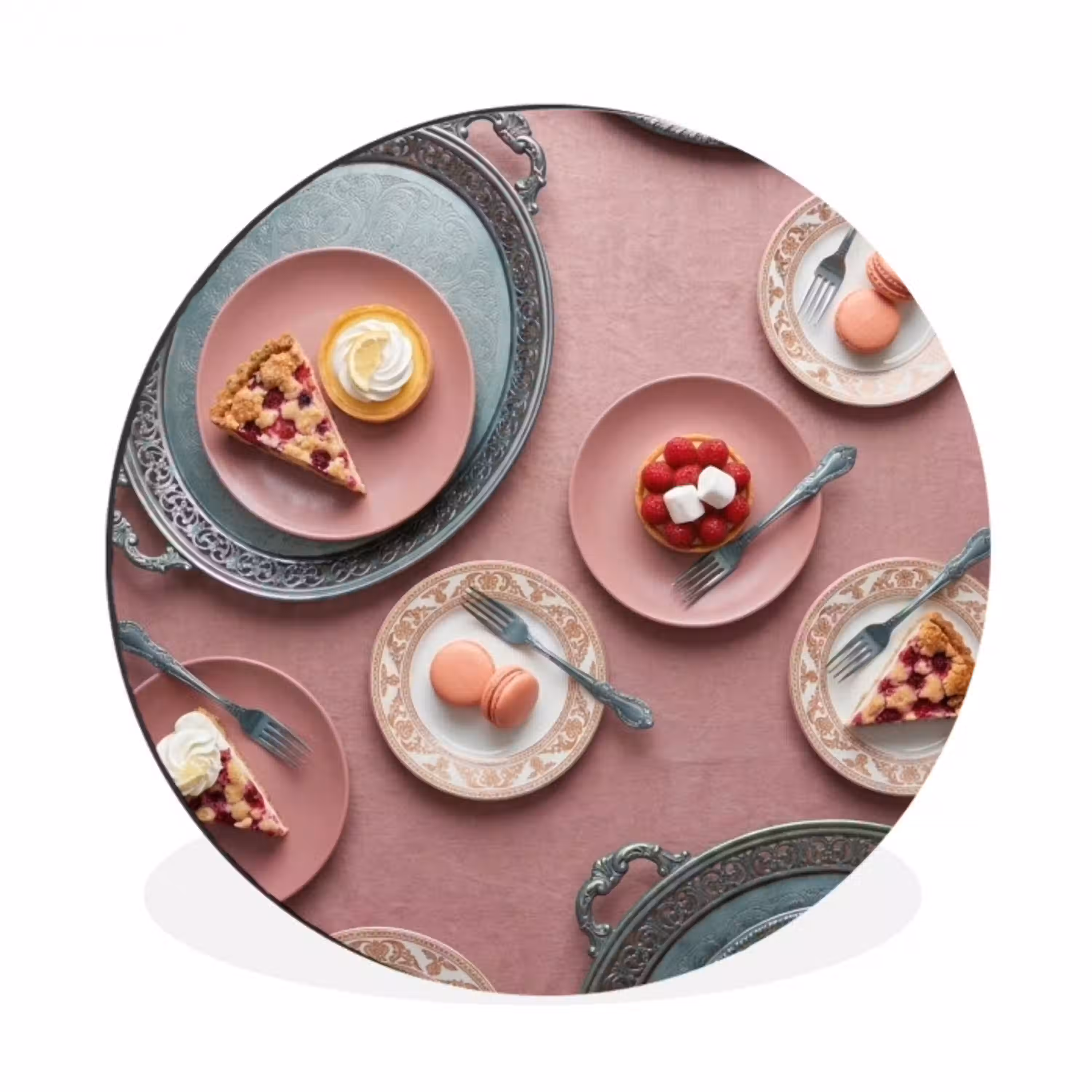 Dessert - Taart - Gebak - Zoet - Roze Wandcirkel aluminium klein -3d