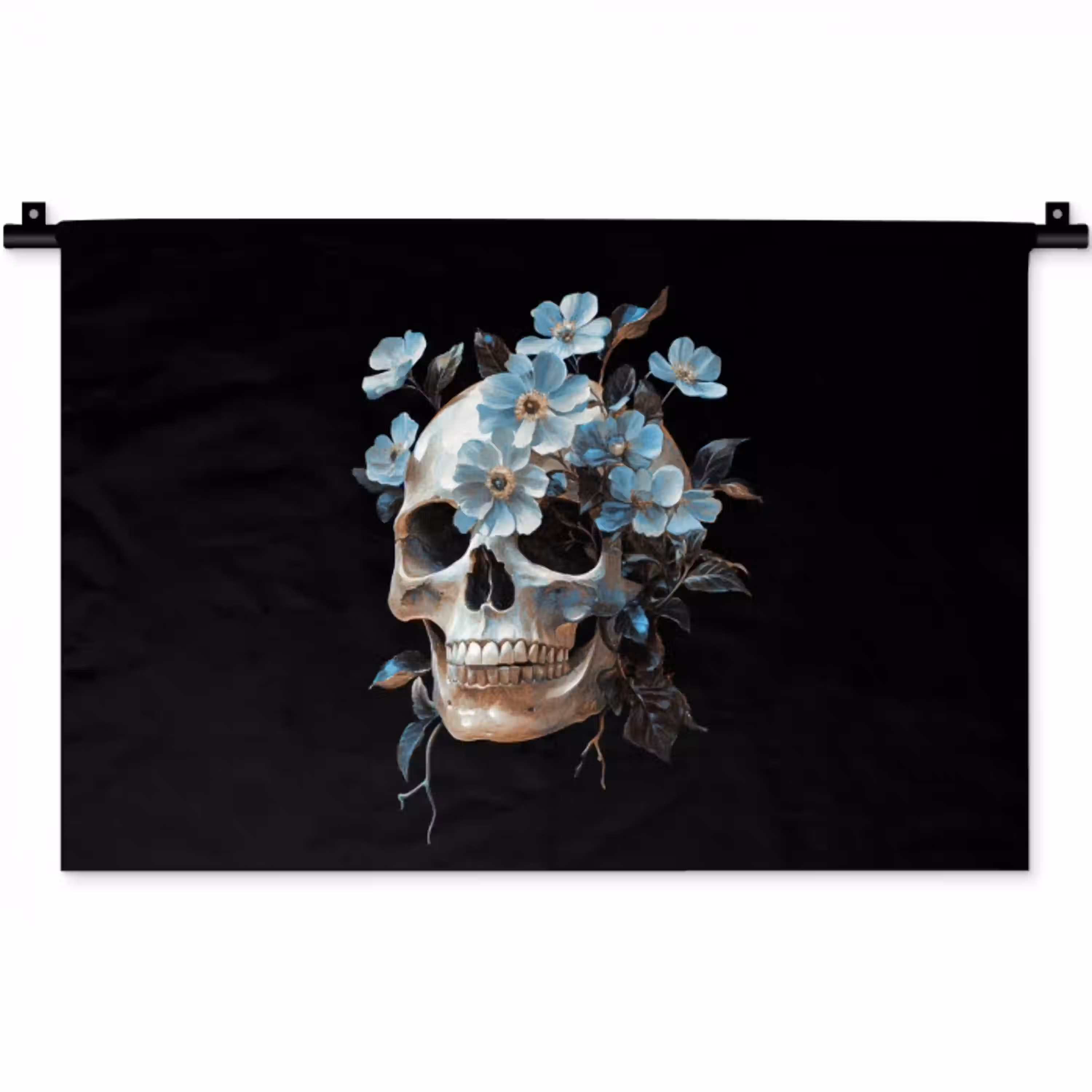 Schedel - Blauw - Bloemen - Bladeren Wandkleed katoen klein -zz3d