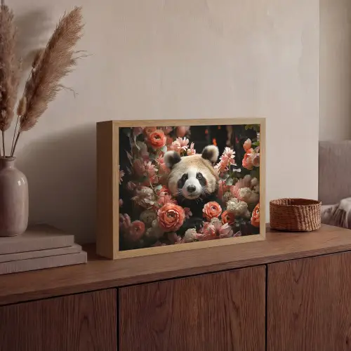 Panda - Dier - Bloemen - Natuur - Botanisch Light Box met batterij (Wandlamp) middel -sfeer2