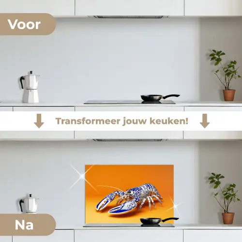 Kreeft - Delftsblauw - Schild - Stoer - Oranje keuken achterwand spatscherm klein -voor_na_NL