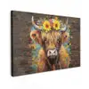 Hooglander met Bloemenkroon Tuinposter op houten frame 2 cm dik klein -3d