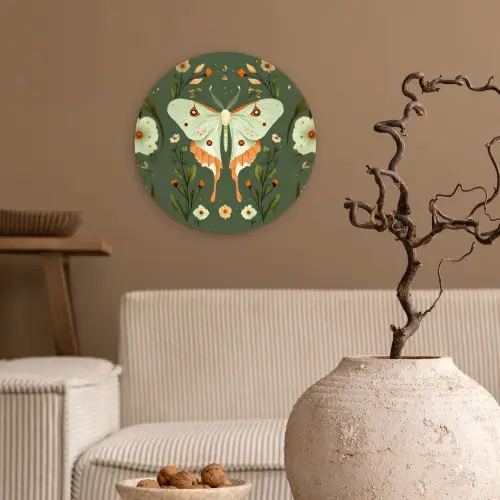 Bloemen - Bladeren - Olijfgroen - Vlinder Wandcirkel kunststof plaat 5mm dik klein -sfeer1