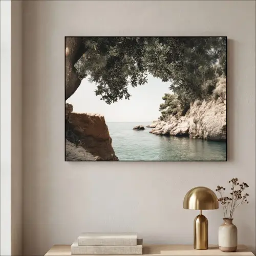 Rotsen - Zee - Boom - Groen Textielframe zwart klein -sfeer2