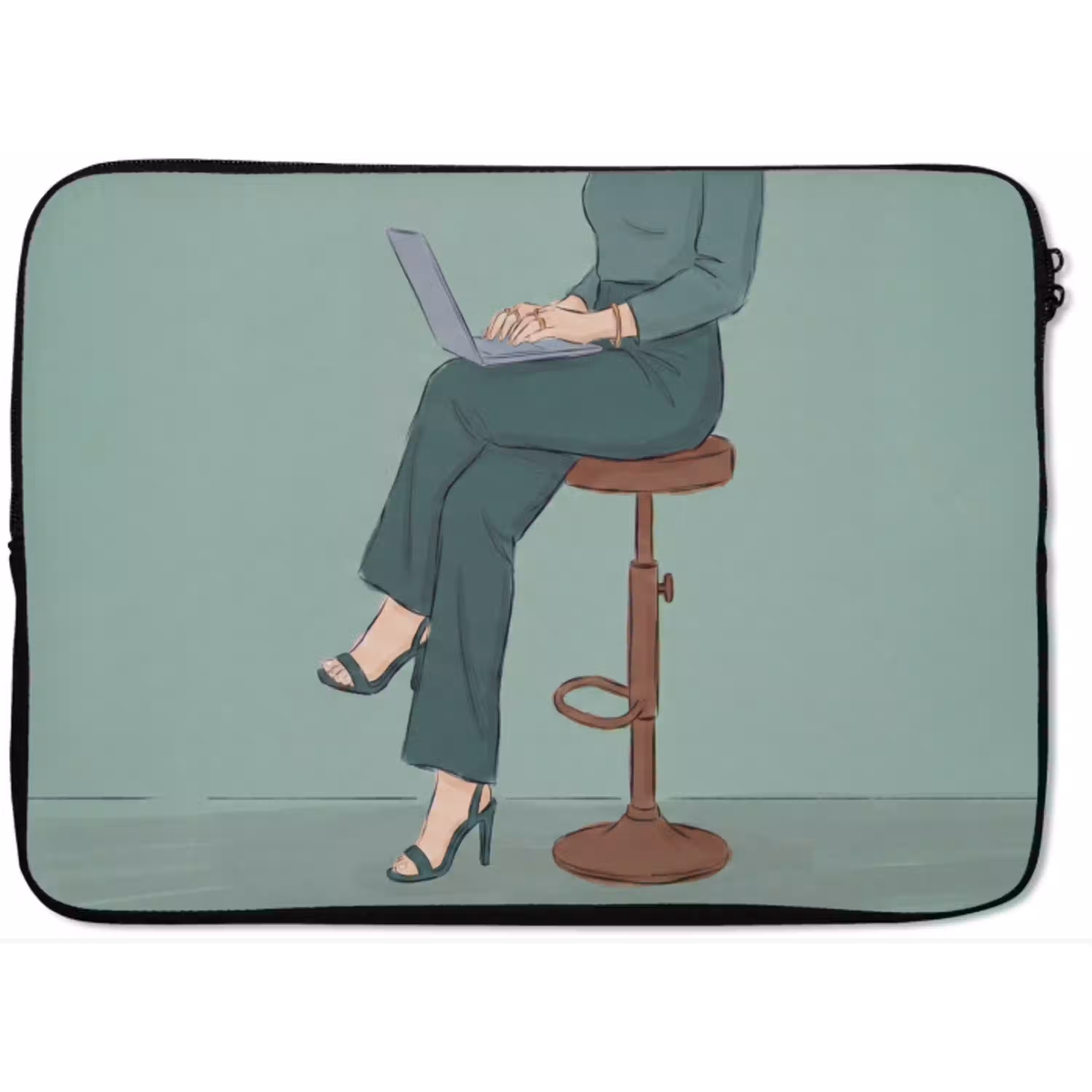 Vrouw - Laptop - Zittend - Illustratie - Groen laptophoes neopreen klein -zkaufland3dotto