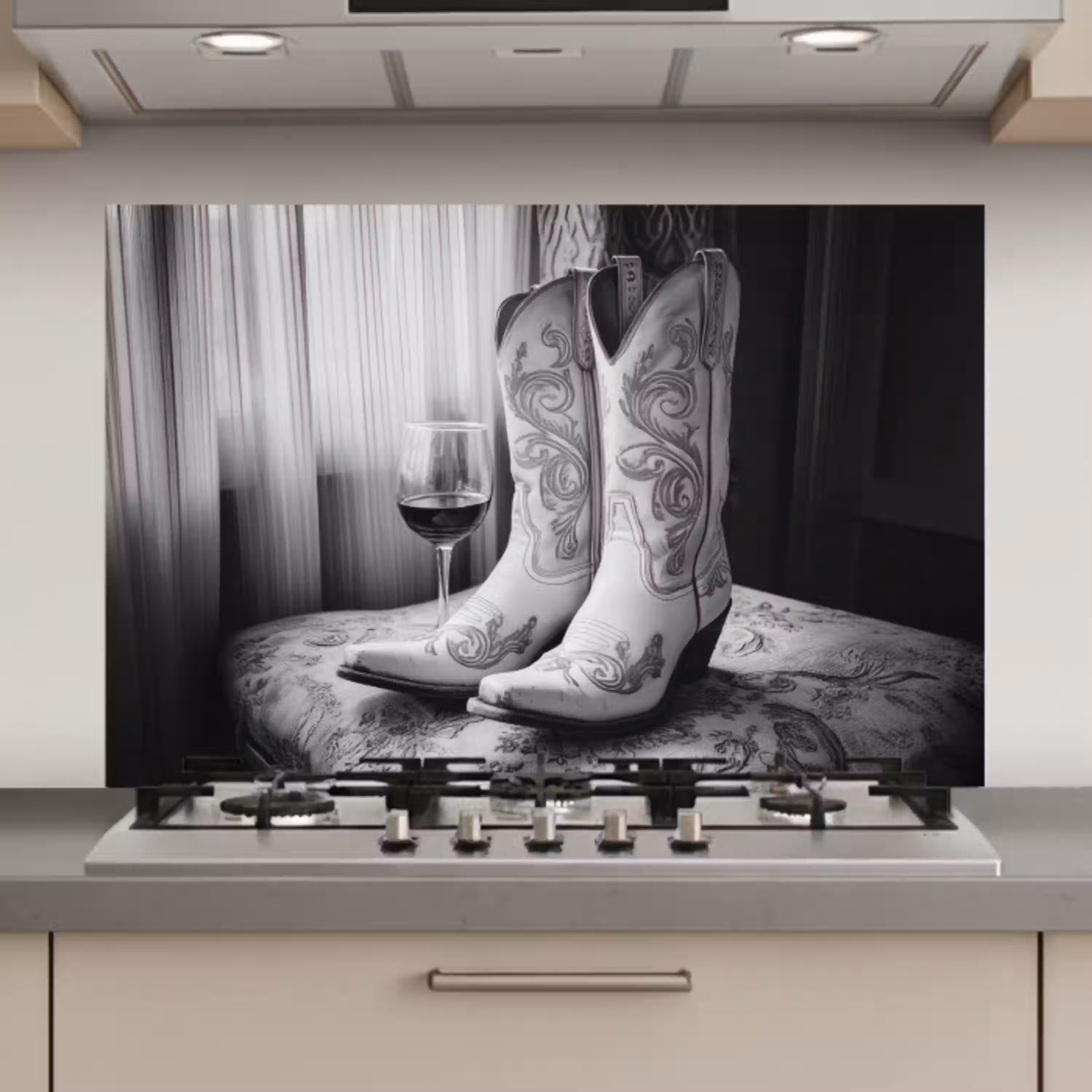 Wijn - Cowboylaarzen - Raamlicht - Wit keuken achterwand spatscherm klein -3d_website