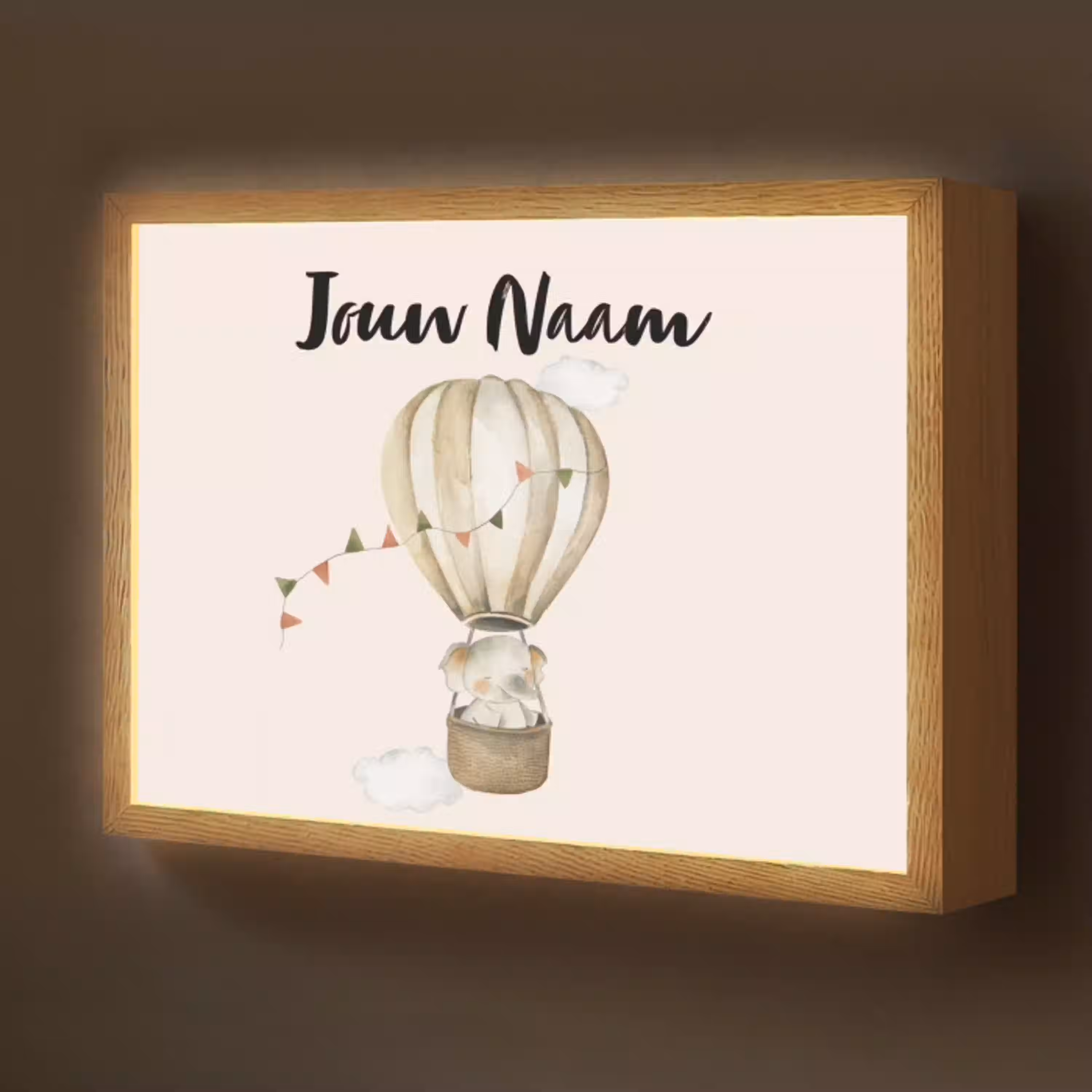 Luchtballon - Olifant - Watercolor - Beige - Dieren Light Box met batterij (Wandlamp kind) middel -z3d_website